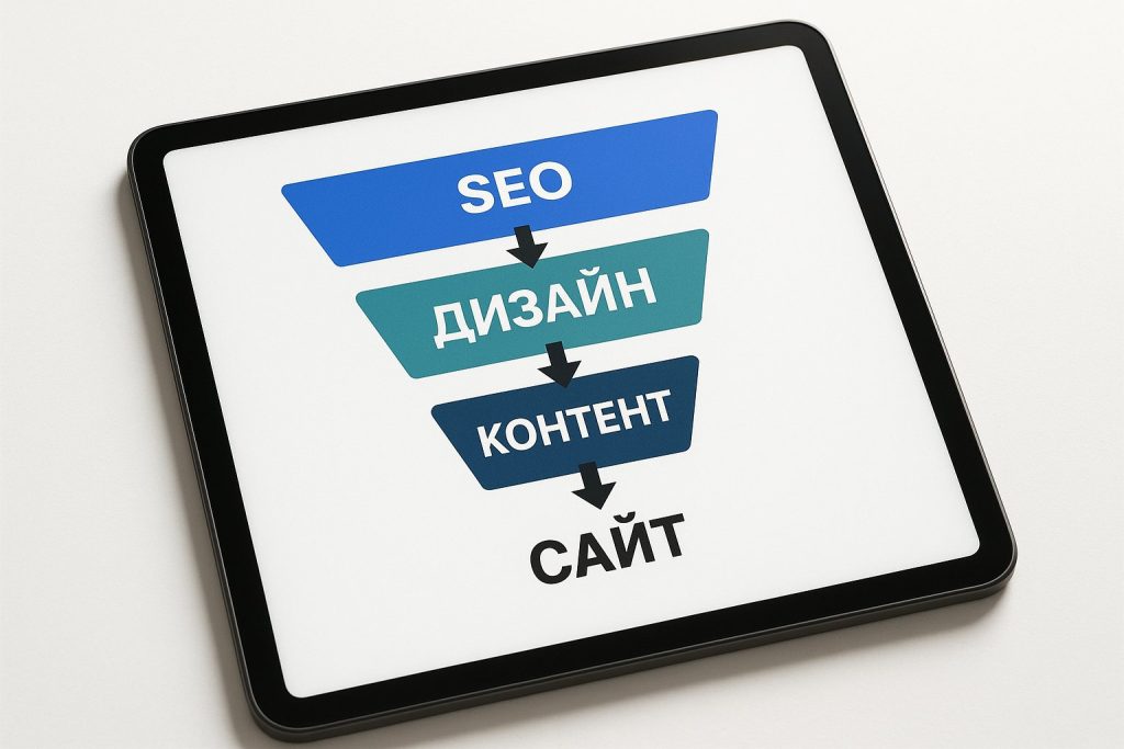 Инфографика этапов продвижения сайта на планшете — SEO, дизайн, контент