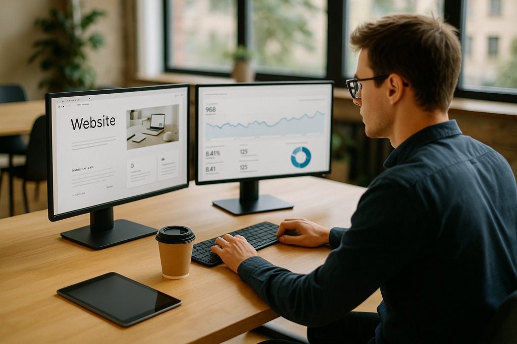 Специалист в коворкинге работает над сайтом клиента, ноутбук с аналитикой SEO-продвижения
