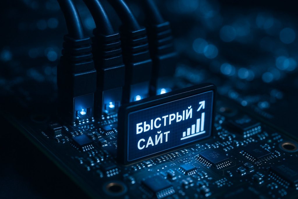 Серверное оборудование и инфографика скорости загрузки сайта крупным планом