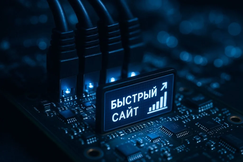 Серверное оборудование и инфографика скорости загрузки сайта крупным планом