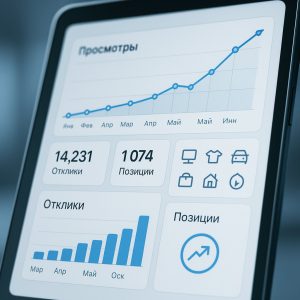 Экран планшета с аналитическим дашбордом роста просмотров и откликов объявлений