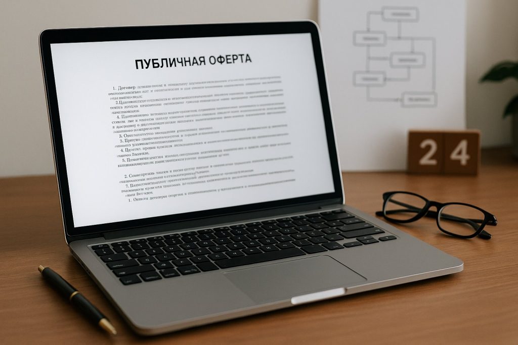 Рабочий стол с ноутбуком, на экране открыт юридический документ с текстом договора, рядом ручка и очки — атмосфера деловой строгости
