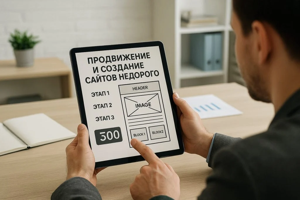 Менеджер показывает клиенту макет недорогого сайта на планшете в офисе