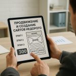 Менеджер показывает клиенту макет недорогого сайта на планшете в офисе