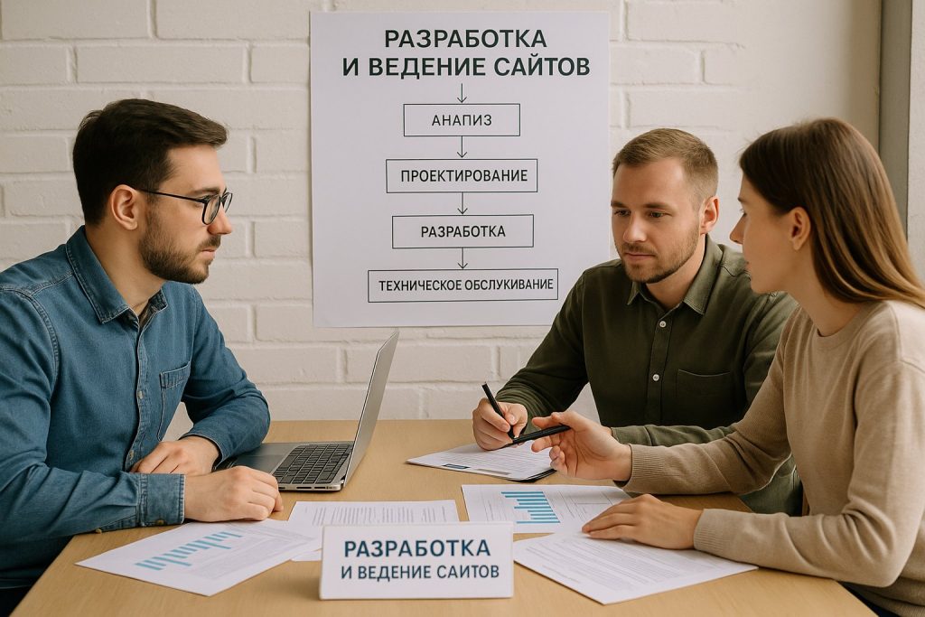 Команда веб-студии обсуждает план технического обслуживания и развития сайта за столом с ноутбуками и документами