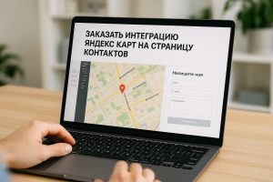 Веб-разработчик за ноутбуком встраивает карту с меткой офиса на страницу контактов сайта, на экране виден веб-интерфейс с картой и формой обратной связи