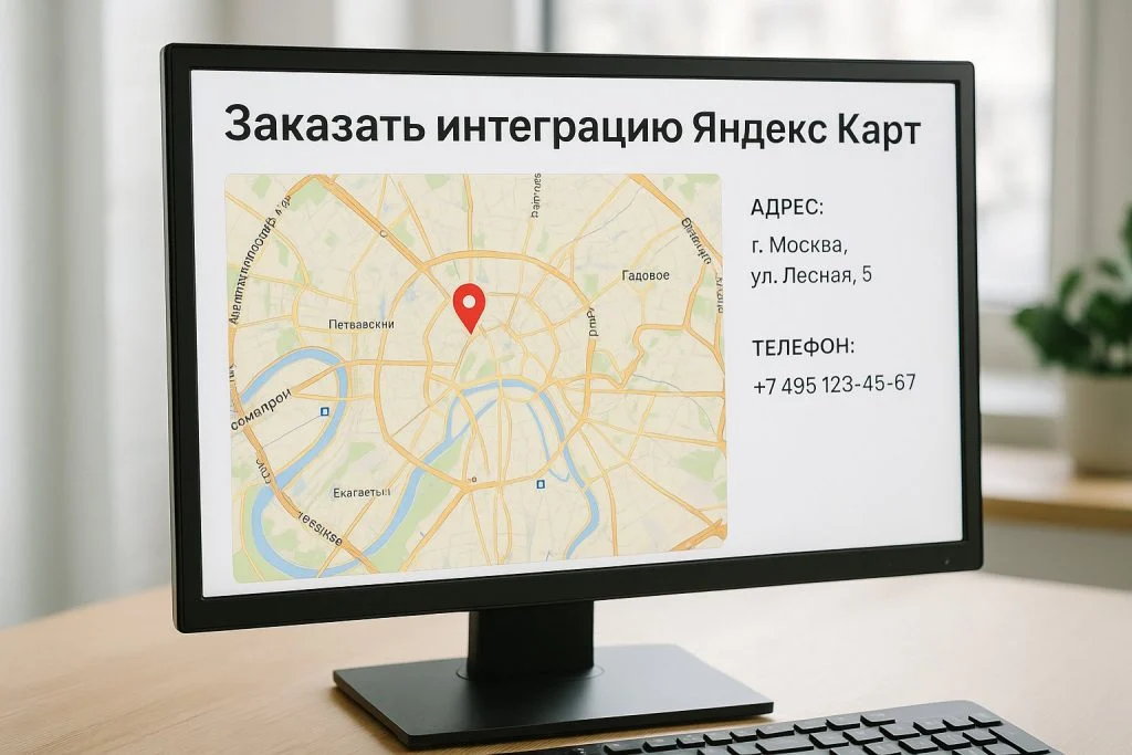 Крупный план экрана монитора с картой города, отмеченной точкой офиса компании, рядом контактные данные и адрес