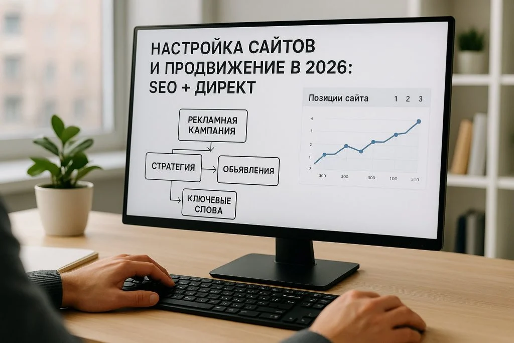 Специалист настраивает рекламную кампанию в Яндекс.Директ на мониторе с аналитикой позиций сайта, для B2B тематики