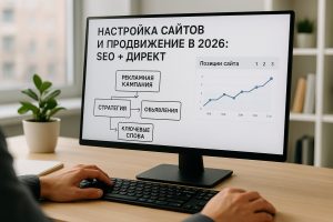 Специалист настраивает рекламную кампанию в Яндекс.Директ на мониторе с аналитикой позиций сайта