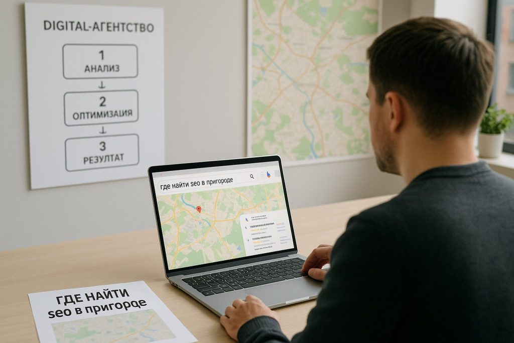 SEO-специалист с ноутбуком анализирует карту пригородного района и локальную поисковую выдачу в офисе digital-агентства