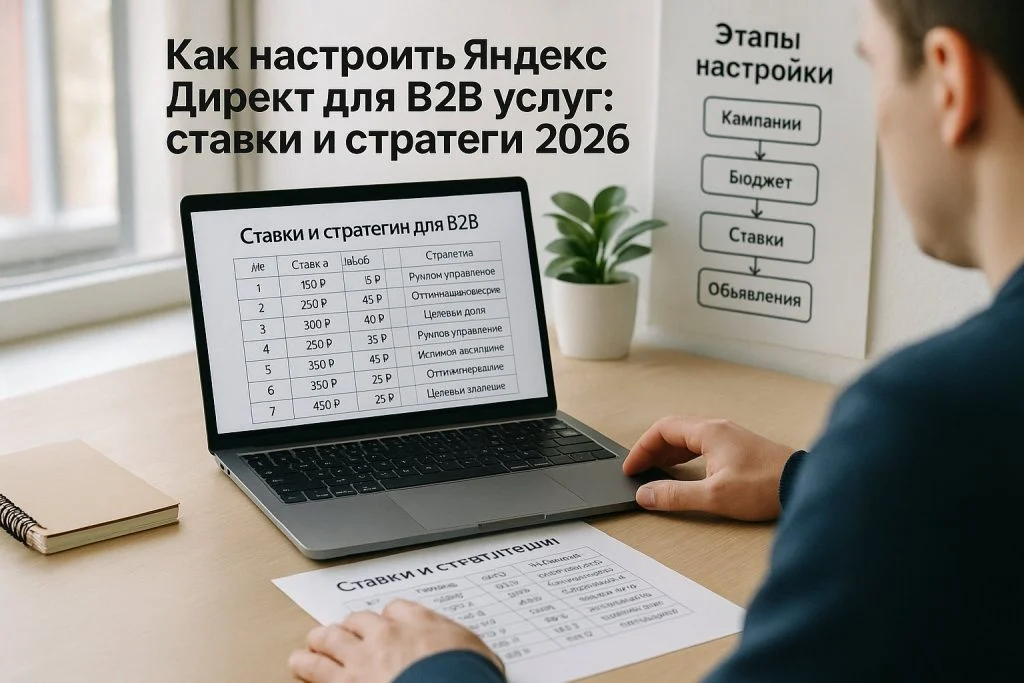 Менеджер по маркетингу за столом с ноутбуком анализирует таблицу ставок и стратегий для B2B клиентов