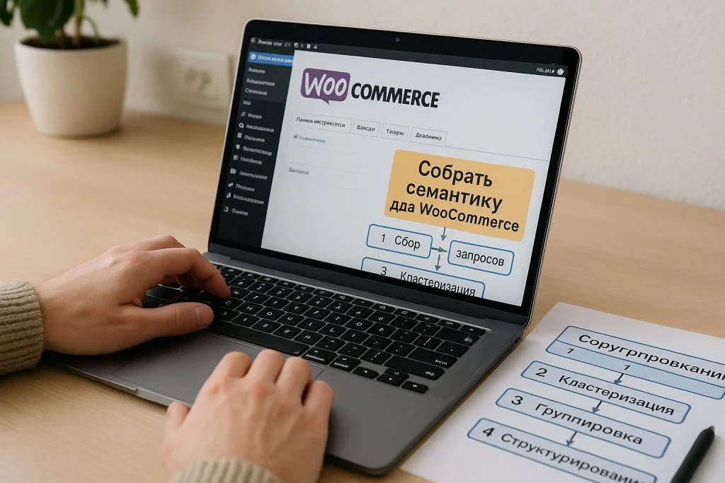Специалист за ноутбуком настраивает административную панель WordPress с плагином WooCommerce на экране
