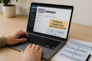Специалист за ноутбуком настраивает административную панель WordPress с плагином WooCommerce на экране
