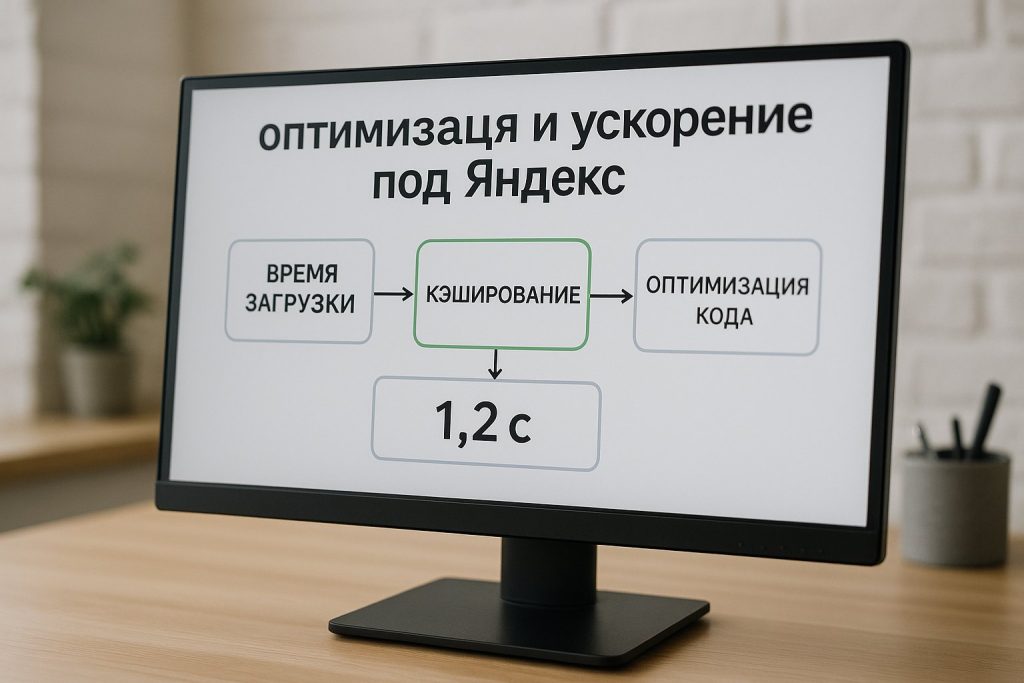 Крупный план монитора с диагностикой технических параметров сайта — время загрузки, кэширование, оптимизация кода