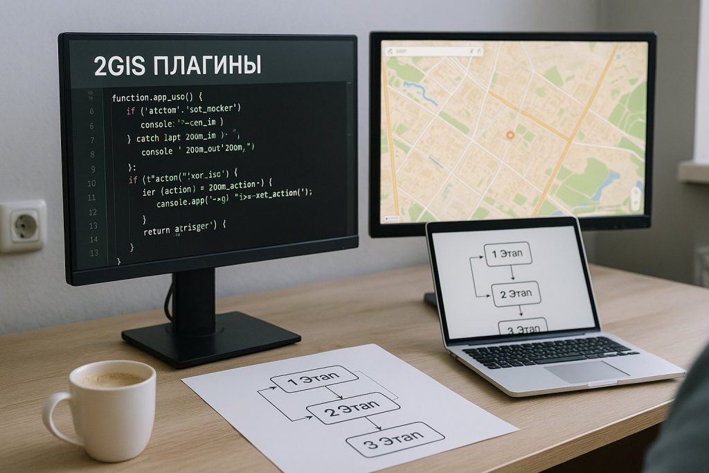 Рабочий стол разработчика: монитор с кодом плагина, открытая карта 2GIS на втором экране, ноутбук, чашка кофе