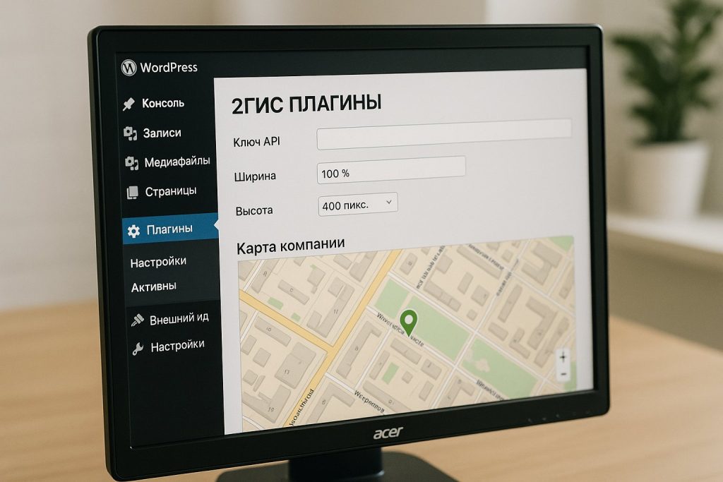 Крупный план экрана с интерфейсом WordPress и настройками интеграции карты 2GIS на сайте компании