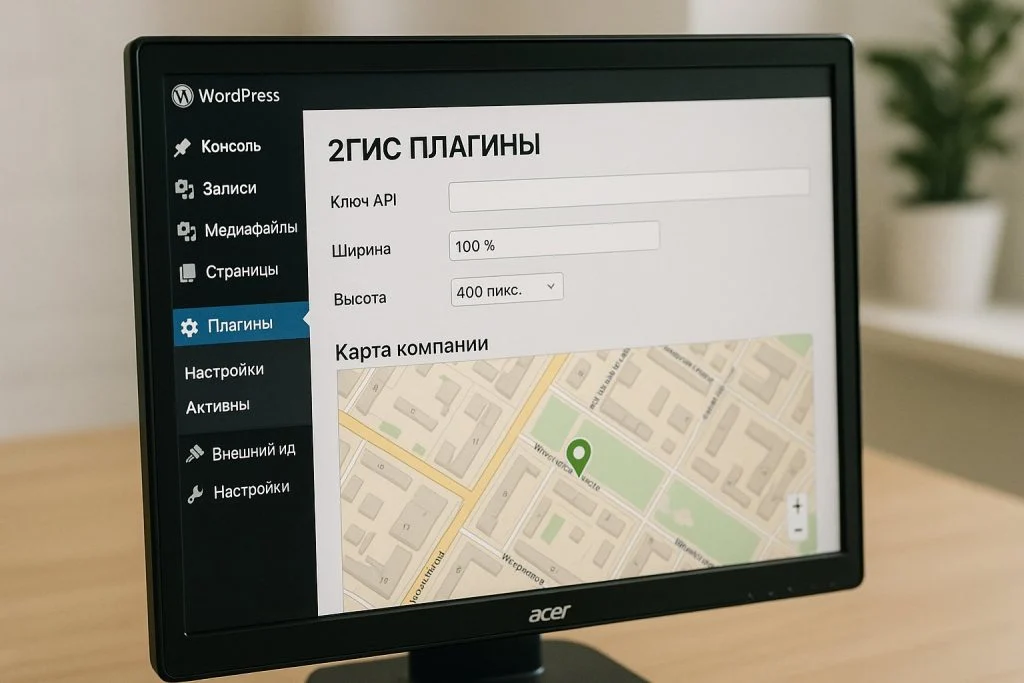 Крупный план экрана ноутбука с админкой WordPress и настройками интеграции карты 2ГИС на сайте компании, без читаемых надписей