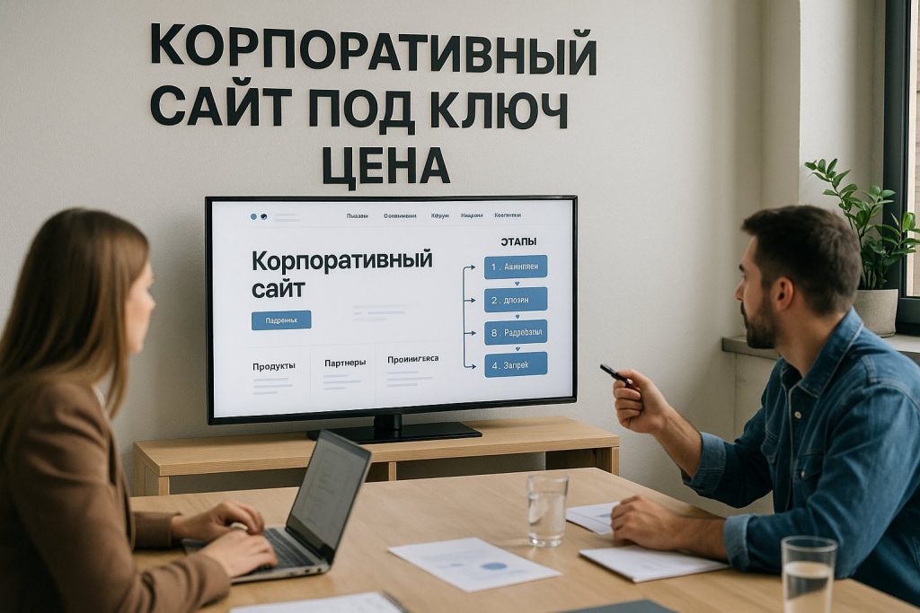 Команда веб-студии обсуждает макет корпоративного сайта на большом экране в офисе