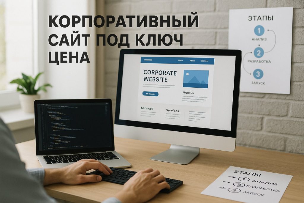 Разработчик за ноутбуком верстает сайт, на втором мониторе дизайн-макет страниц