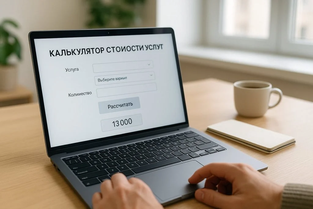 Владелец малого бизнеса за ноутбуком в светлом офисе рассматривает на экране форму онлайн-калькулятора стоимости услуг, рядом блокнот и чашка кофе, без читаемых надписей