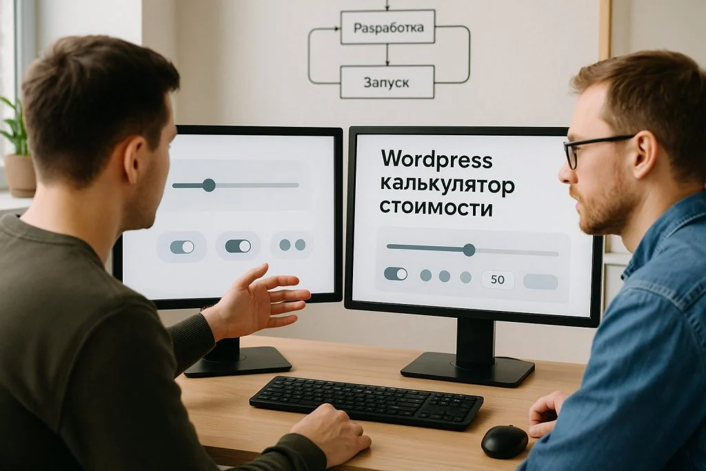 Веб-разработчик и дизайнер за рабочим столом с двумя мониторами обсуждают настройку плагина WordPress для расчёта цены, на экранах абстрактные интерфейсы с ползунками и переключателями без текста