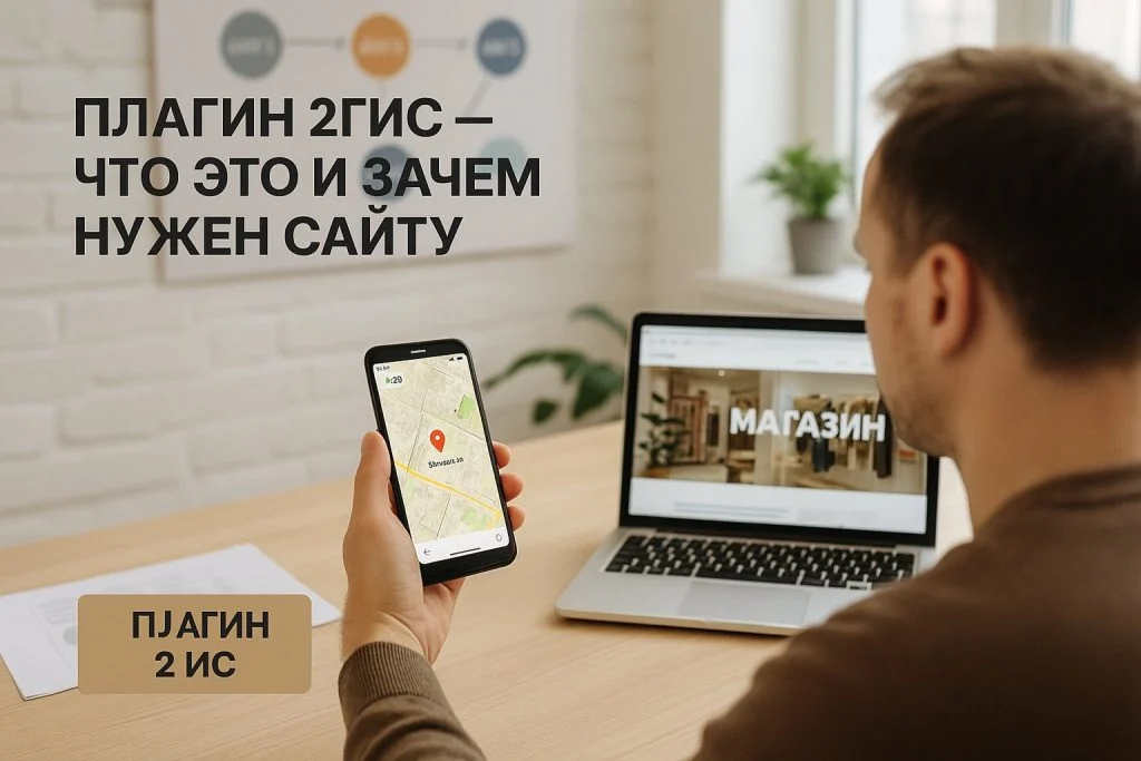 Владелец небольшого магазина или студии в светлом офисе смотрит на смартфон с открытой картой и отметкой своей организации, рядом ноутбук с сайтом