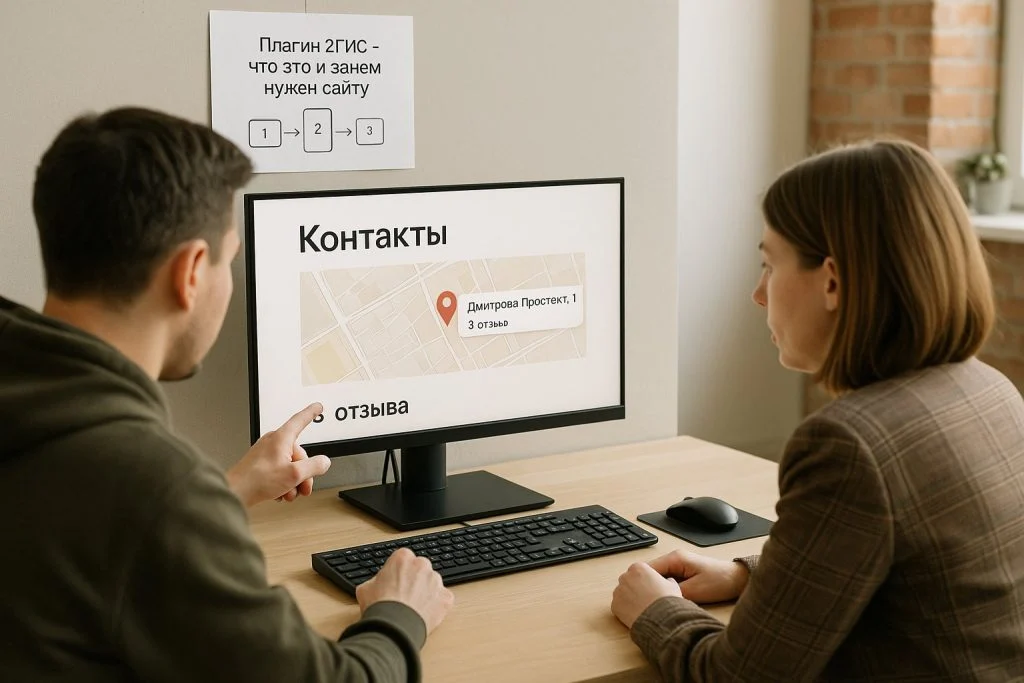 Веб-разработчик и маркетолог вдвоём за рабочим столом обсуждают встраивание карты с адресом и отзывами на страницу контактов сайта, на мониторе макет страницы